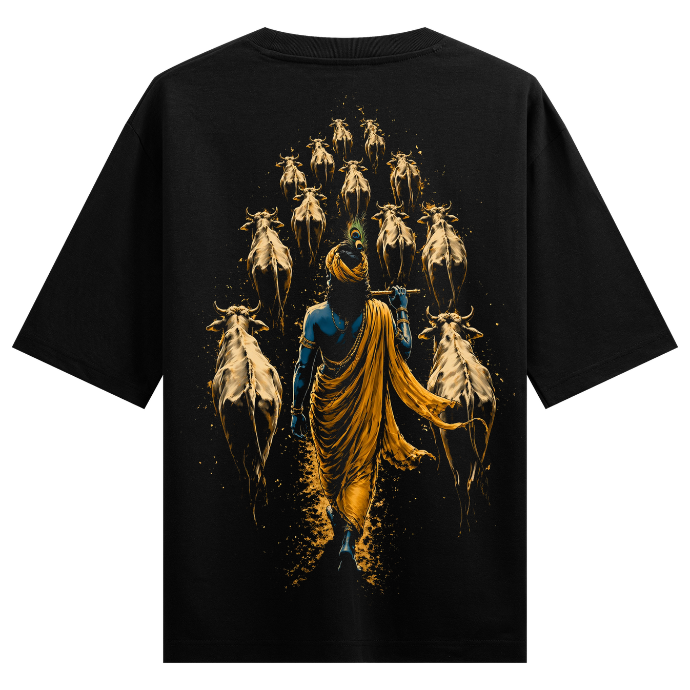 Govardhan Oversized T-Shirt by PRDGY — Black knockout art of cows following, gold accents, spiritual design.