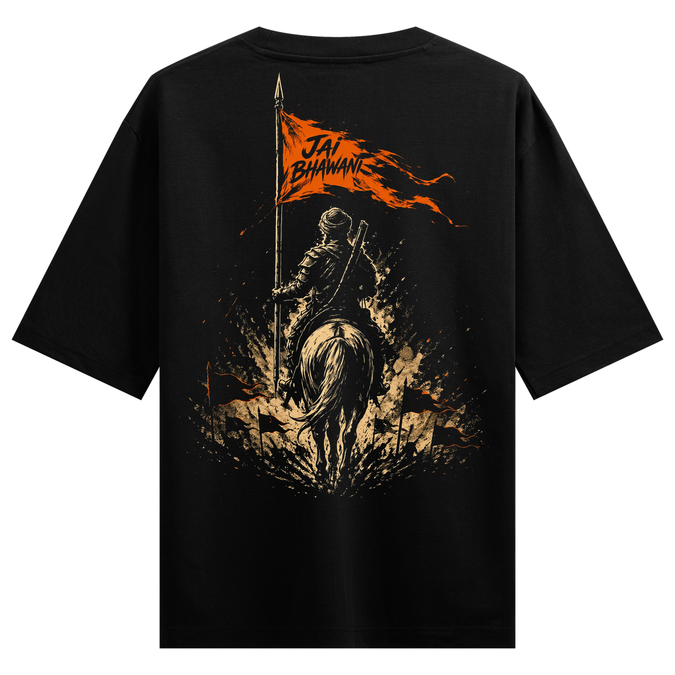 Jai Bhawani Warrior T-Shirt by PRDGY — Historical warrior on horseback with 'Jai Bhawani' flag, streetwear design