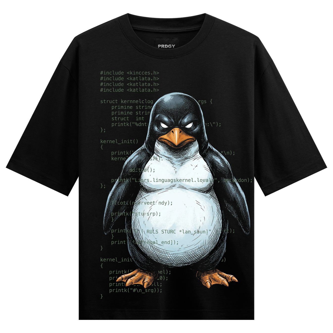 Legendary Oversized T-Shirt by PRDGY — cool penguin illustration layered over kernel code, streetwear design
