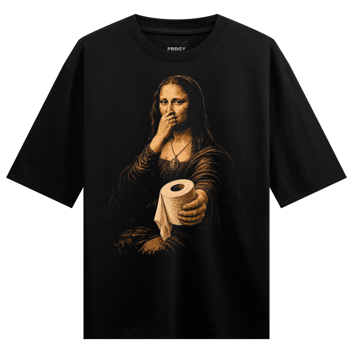 Mona Paper Leja T-Shirt by PRDGY — humorous artwork featuring the Mona Lisa with toilet paper, funny design.