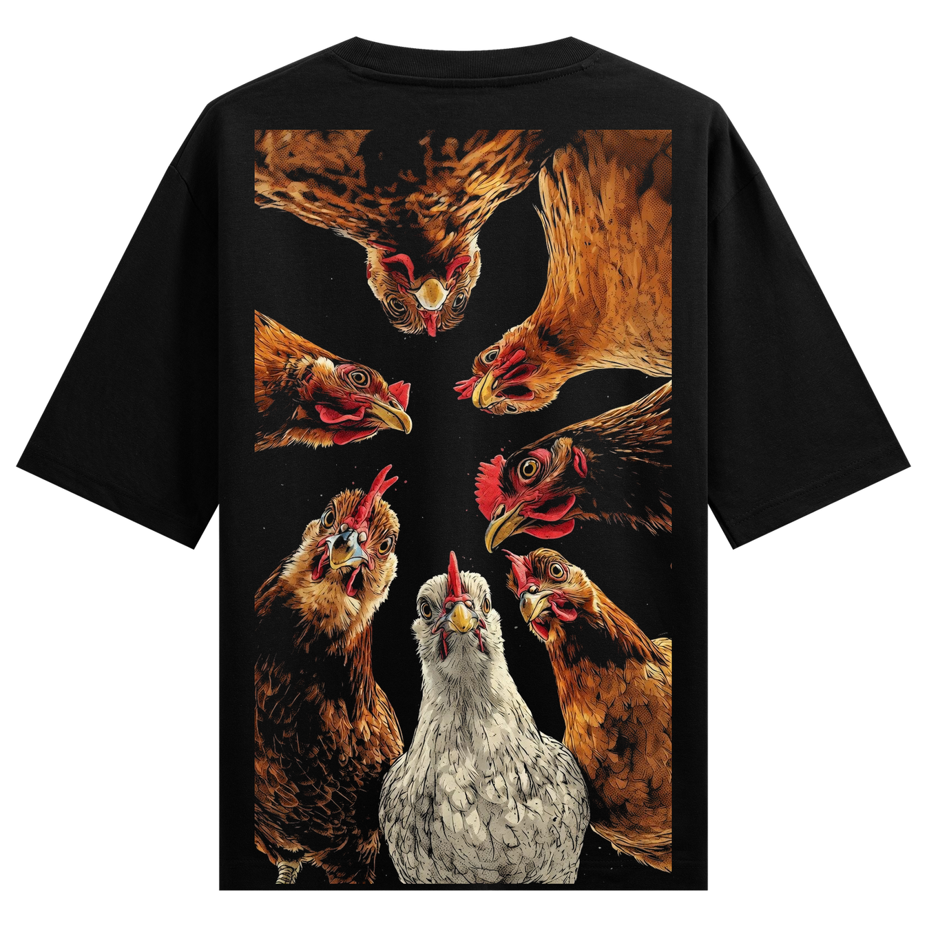 Murga Gang Oversized T-Shirt by PRDGY — Surreal design featuring rooster and hen heads around a central white chicken, dark