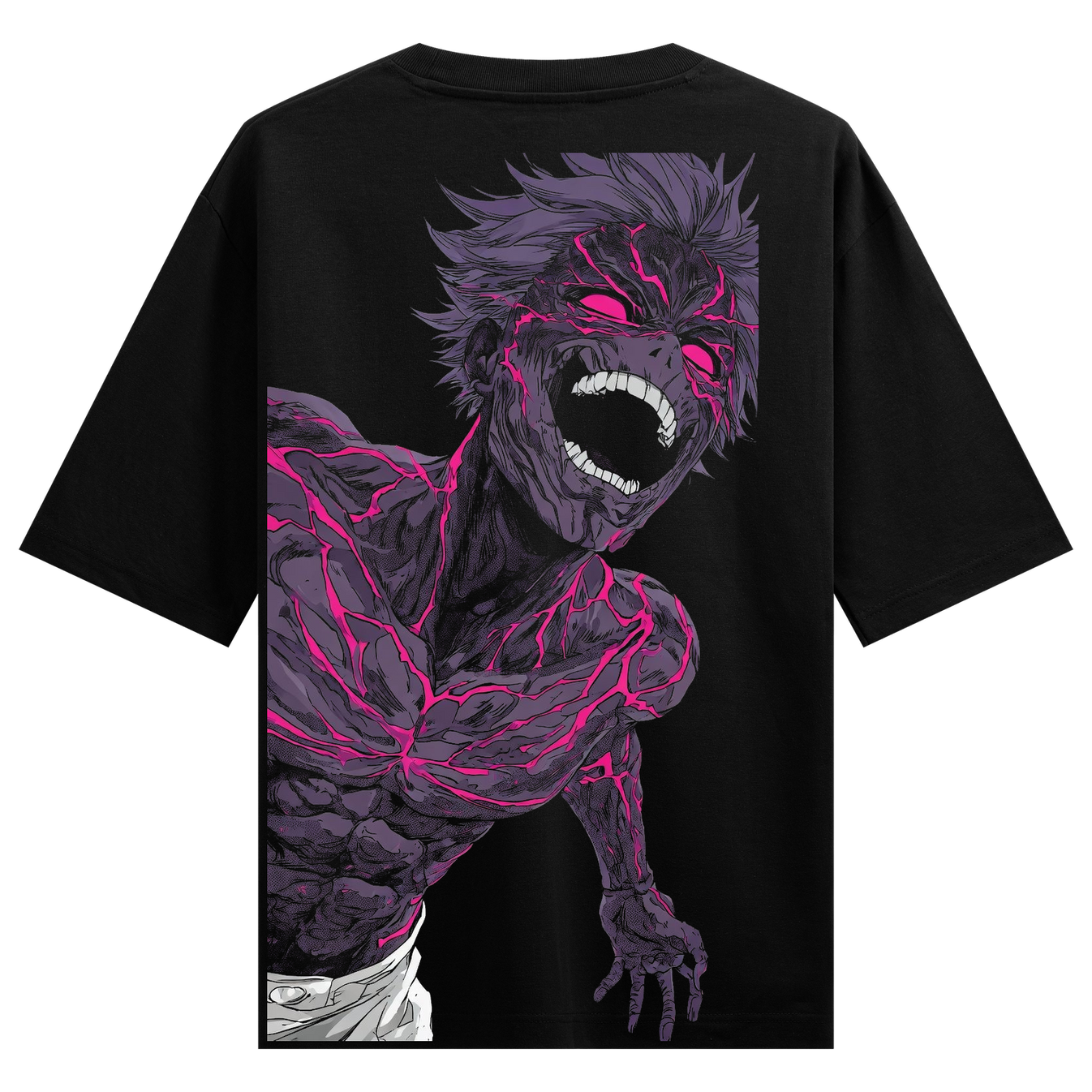 Neon Rage Oversized T-Shirt by PRDGY — intense anime character with glowing neon pink energy effects, anime design