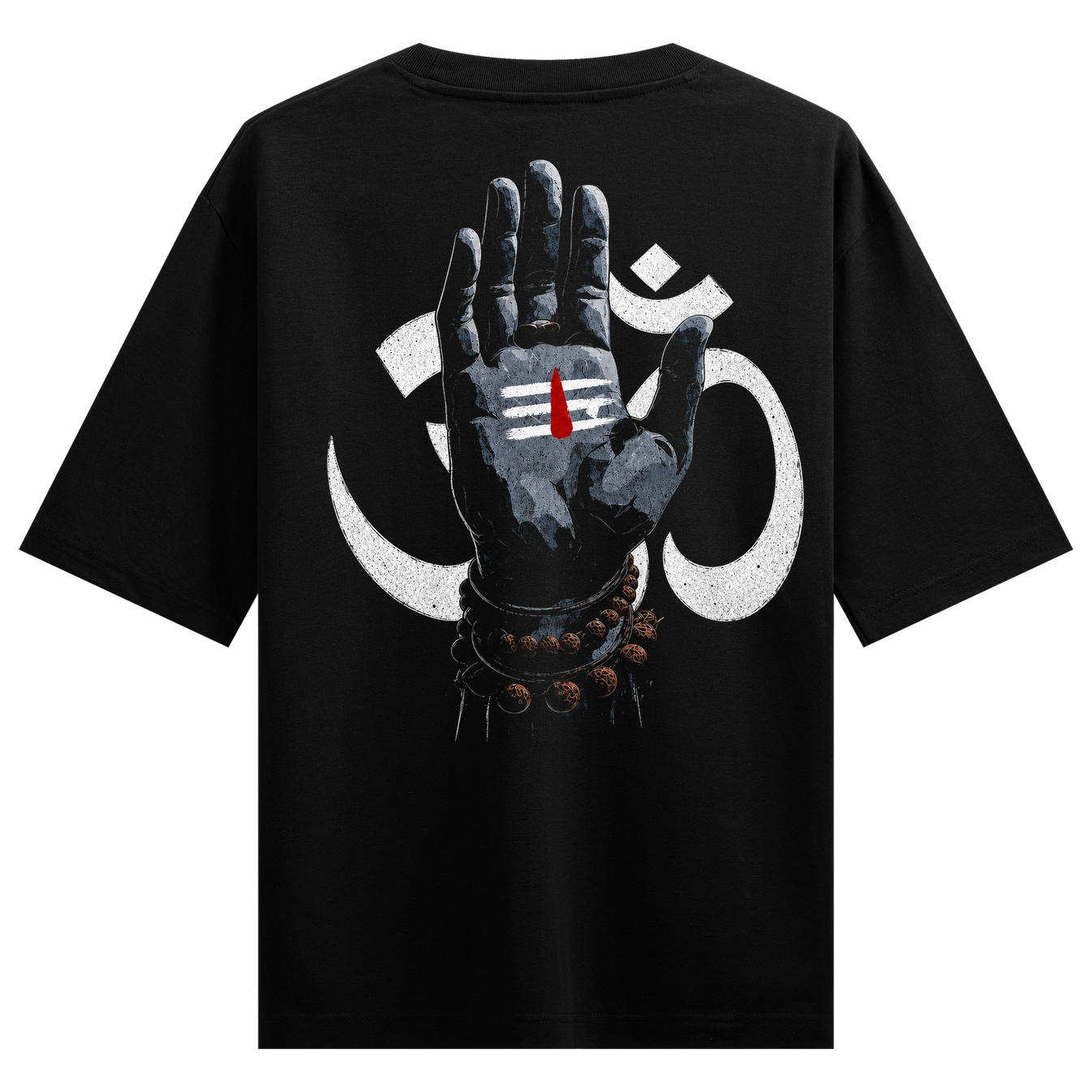 Om Blessing T-Shirt by PRDGY — dark hand with Om symbol and prayer beads, spiritual design