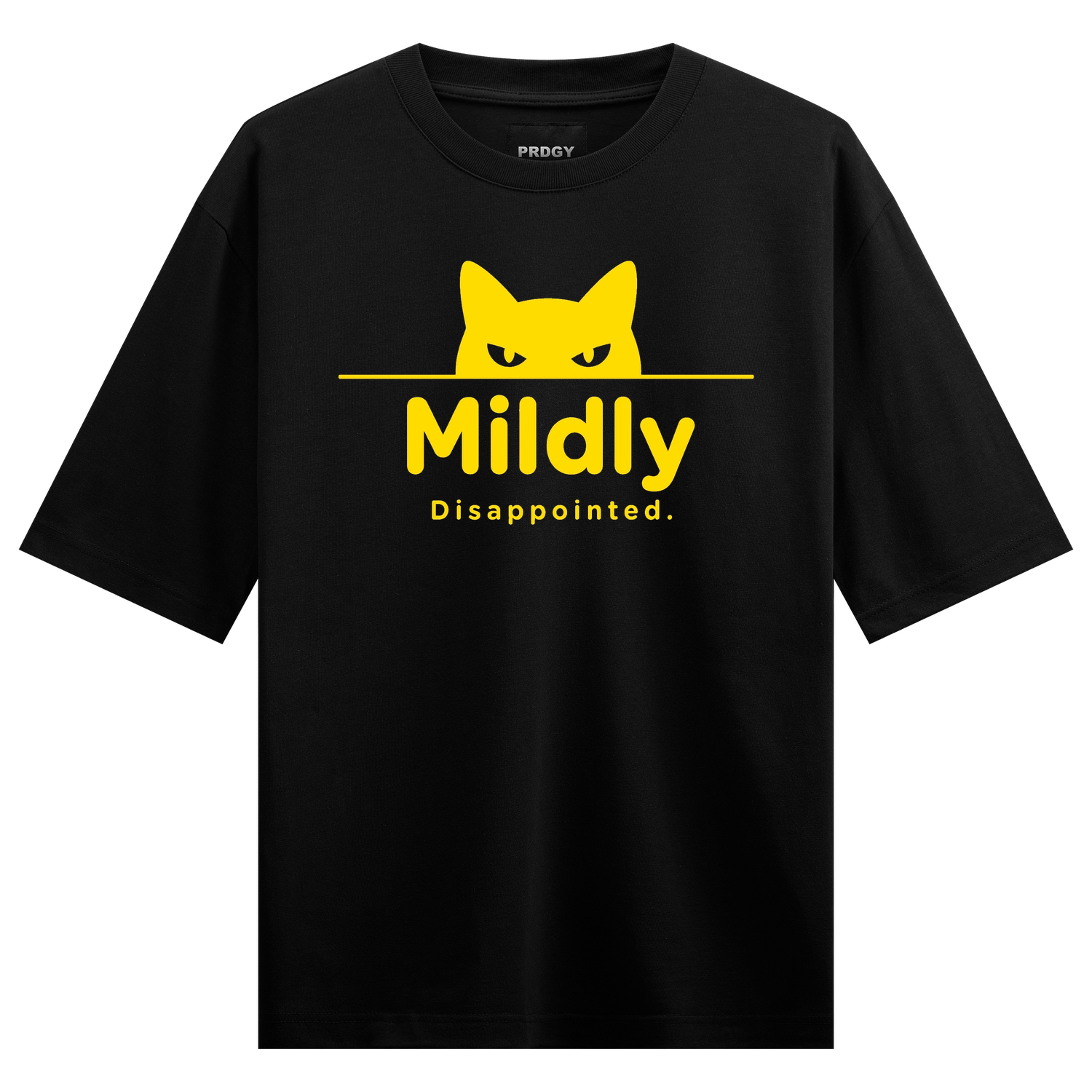 Overstimulated T-Shirt by PRDGY — yellow cat silhouette with skeptical expression, cat humor design