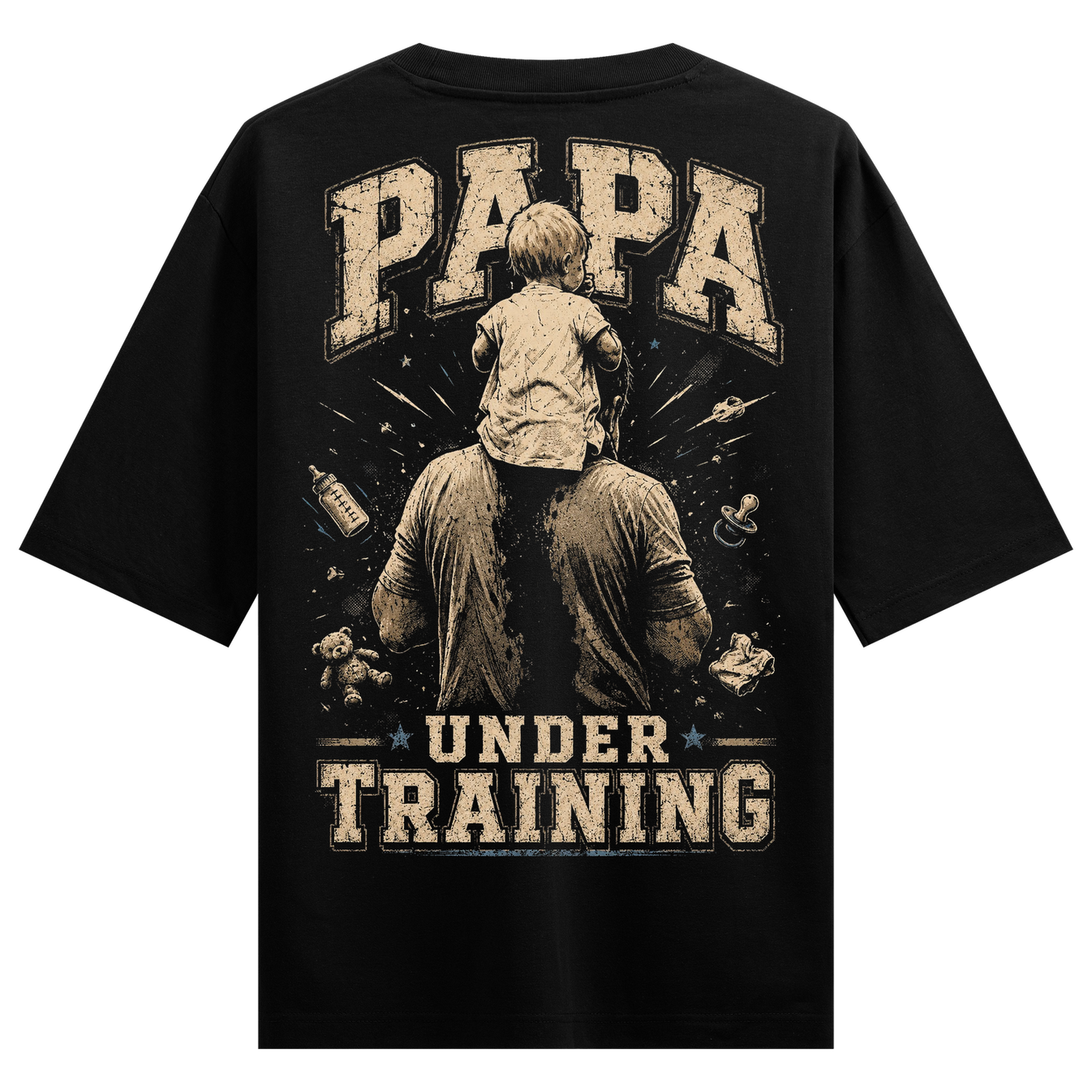 Papa Training T-Shirt by PRDGY — Father carrying child on shoulders with baby items and stars, funny design