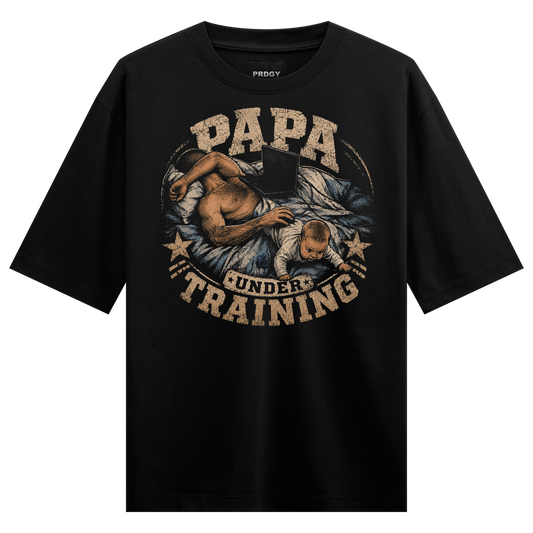 Pareshaan Baap T-Shirt by PRDGY — father and baby graphic with 'PAPA UNDER TRAINING', desi design