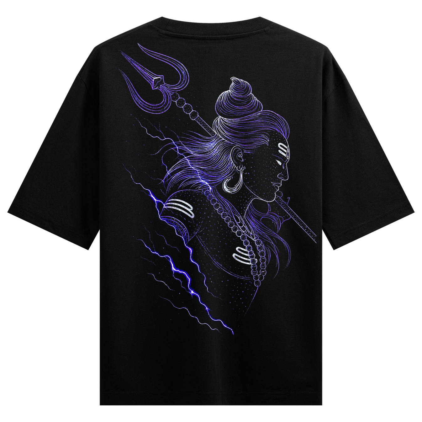 Purple Shiva T-Shirt by PRDGY — stylized profile of Lord Shiva with trident and lightning effects, mahadev design