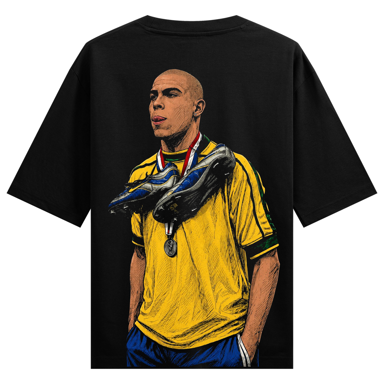 R9 T-Shirt by PRDGY — Artistic depiction of a legendary football player with boots and medal, football design.