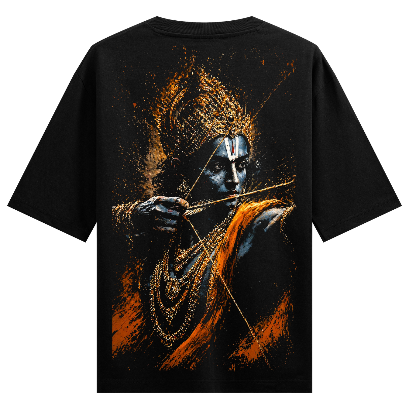Raghav Oversized T-Shirt by PRDGY — Black knockout art of Ram with blue skin and gold crown, spiritual design.