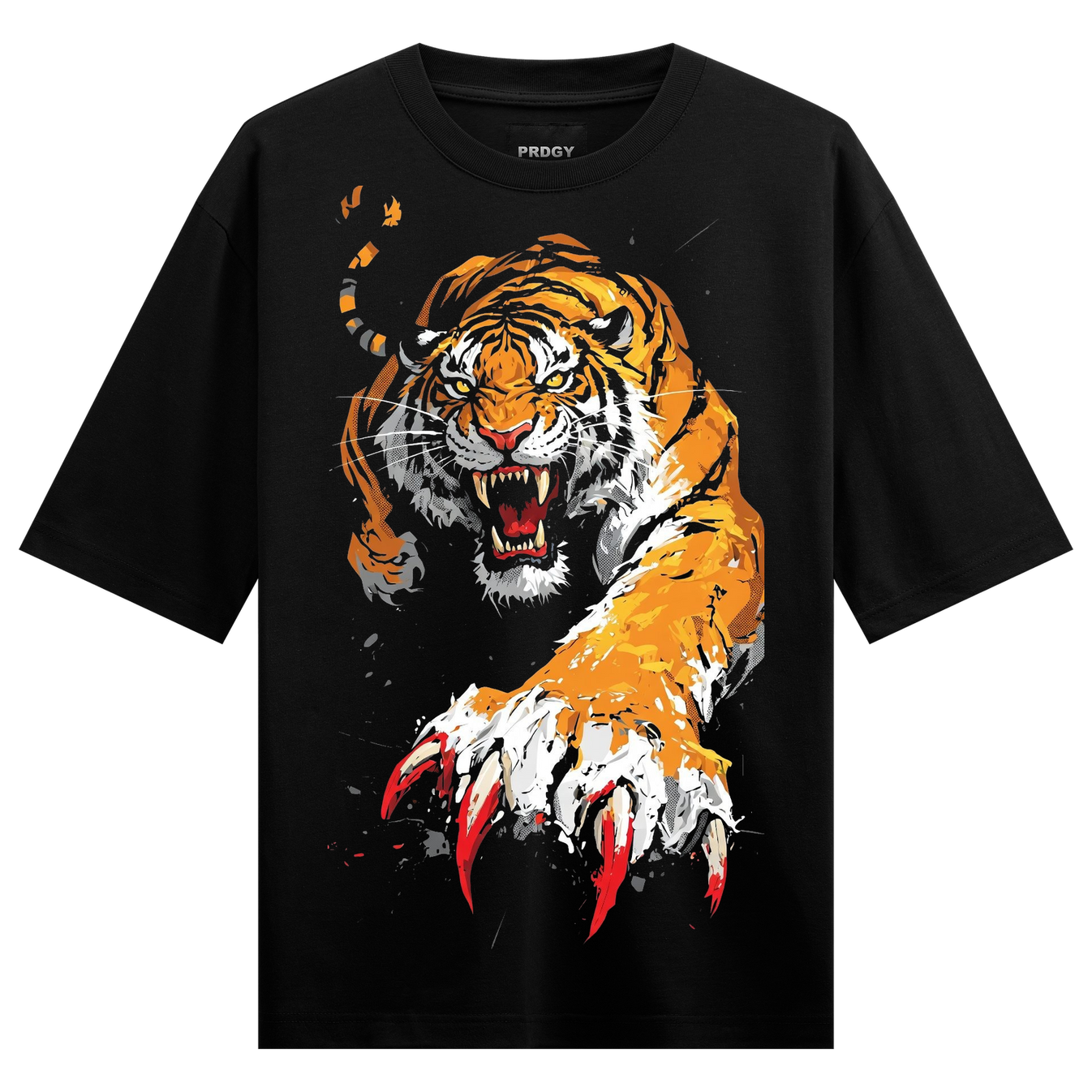 Raging Tiger Oversized T-Shirt by PRDGY — fierce tiger with bared fangs and explosive colors, wildlife design