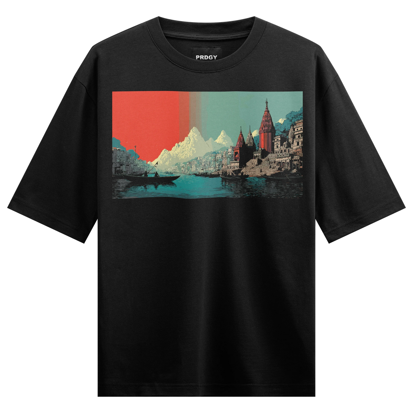 Varanasi Ghat artwork on PRDGY oversized t-shirt