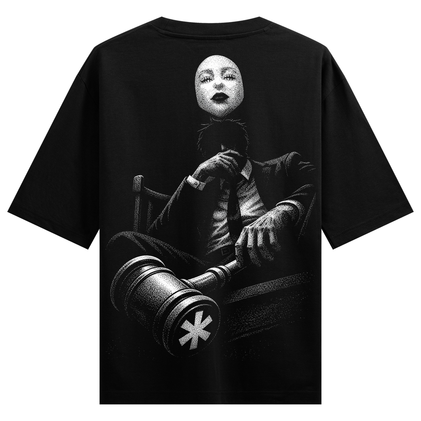 Satya Asatya T-Shirt by PRDGY — graphic of a masked judge with gavel, dark art design.