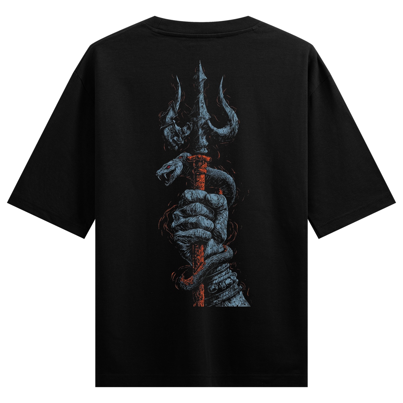 Shiva's Serpent Oversized T-Shirt by PRDGY — mystical trident and clawed hand graphic, dark aesthetic design