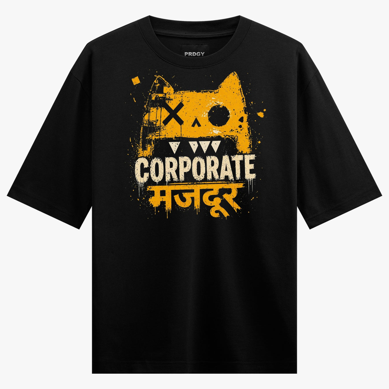 Sophisticated T-Shirt by PRDGY — yellow graffiti monster cat with X-eyes and sharp teeth, urban streetwear design