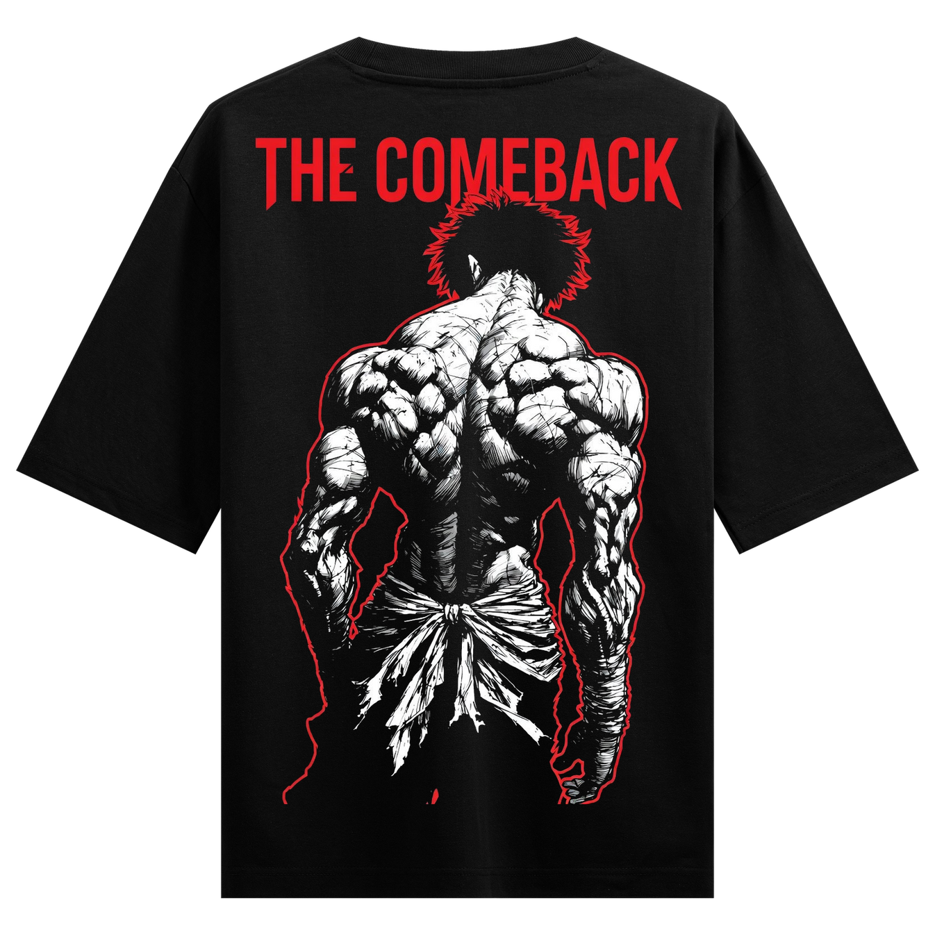 The Comeback T-Shirt by PRDGY — muscular back figure with dramatic red outline, motivational design