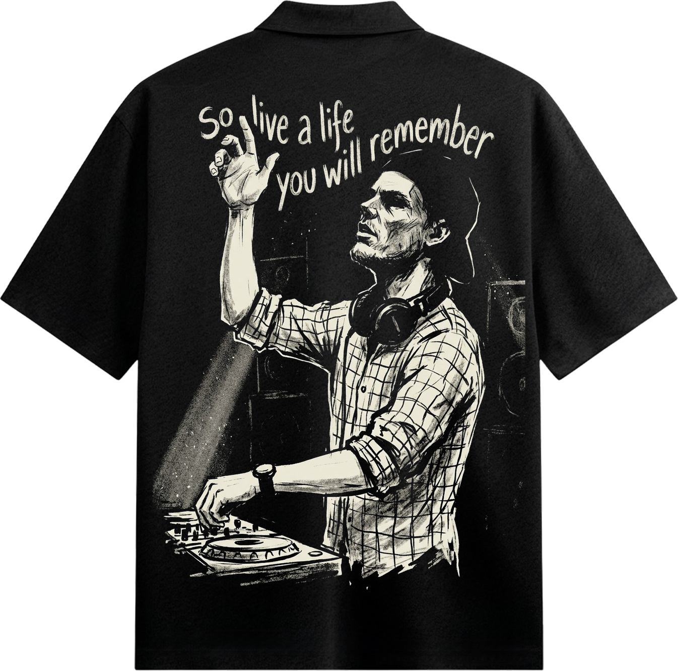 The Last Drop Shirt by PRDGY — Vintage illustration of a DJ at turntables with motivational text, motivational graphic