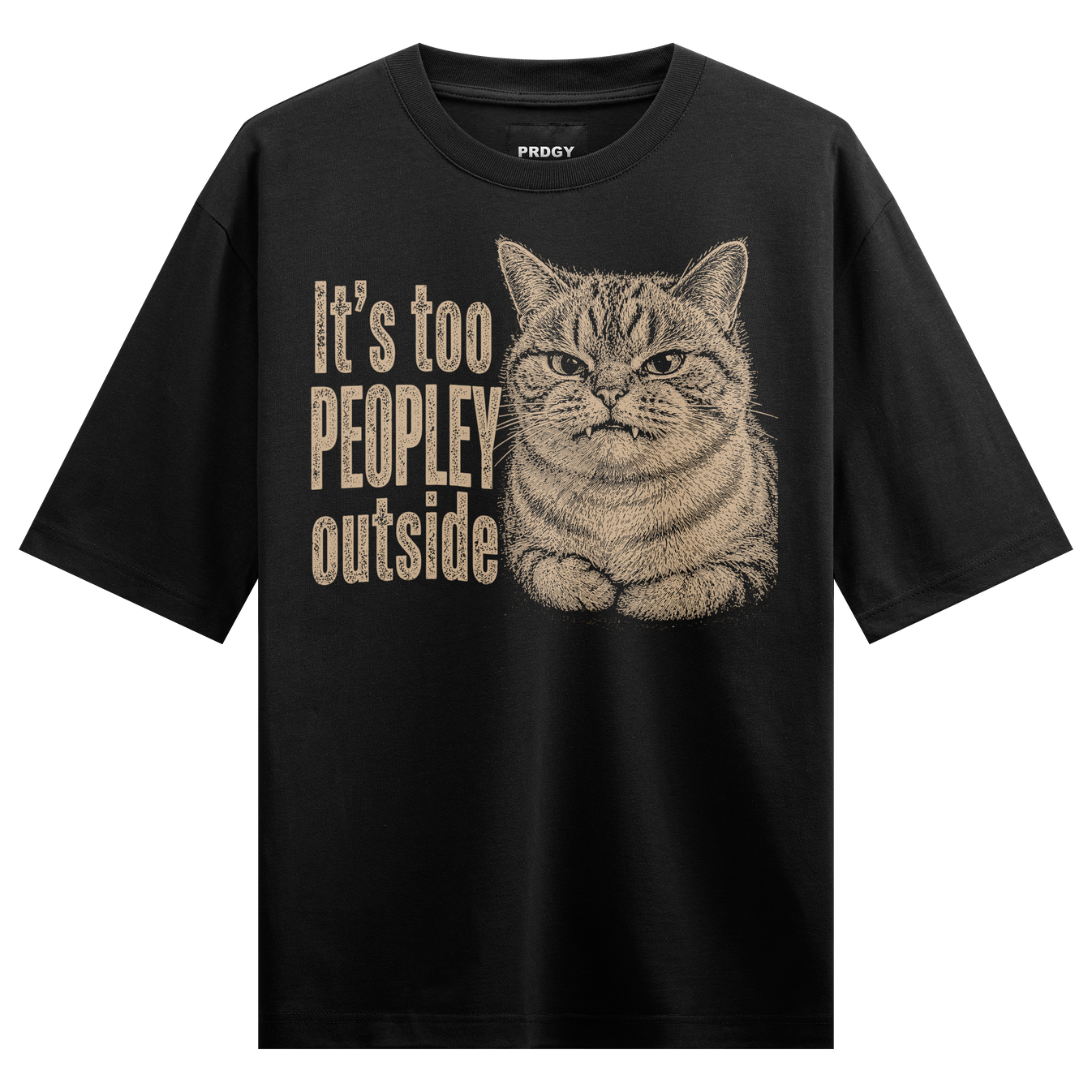 Too Peopley Oversized T-Shirt by PRDGY — detailed cat illustration with annoyed expression and text, humorous design