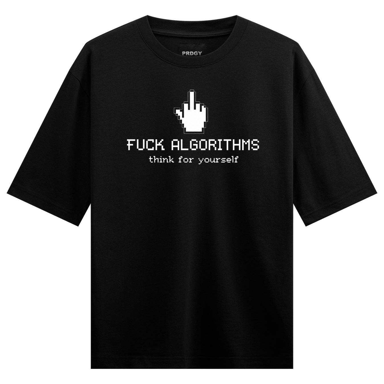 Unplug T-Shirt by PRDGY — pixelated middle finger gesture with anti-algorithm message, anti-establishment design