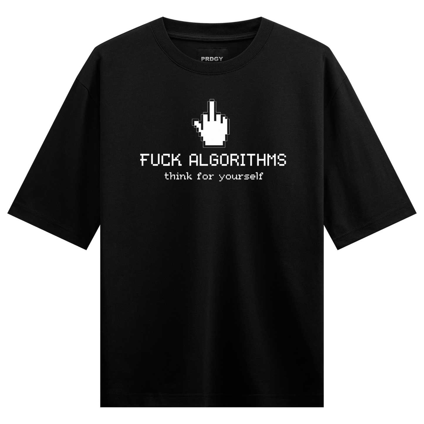 Unplug T-Shirt by PRDGY — pixelated middle finger gesture with anti-algorithm message, anti-establishment design