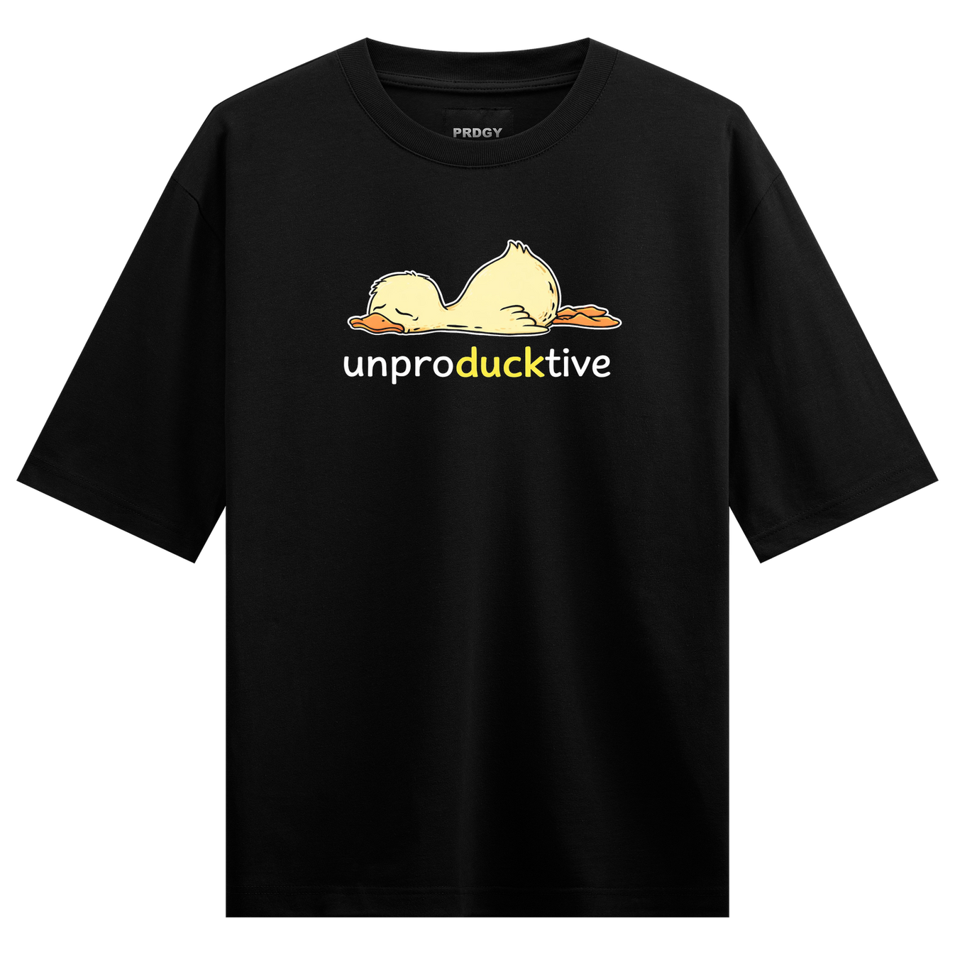 Unproductive Ducks Oversized T-Shirt by PRDGY — two relaxed ducks with playful text design, animal design