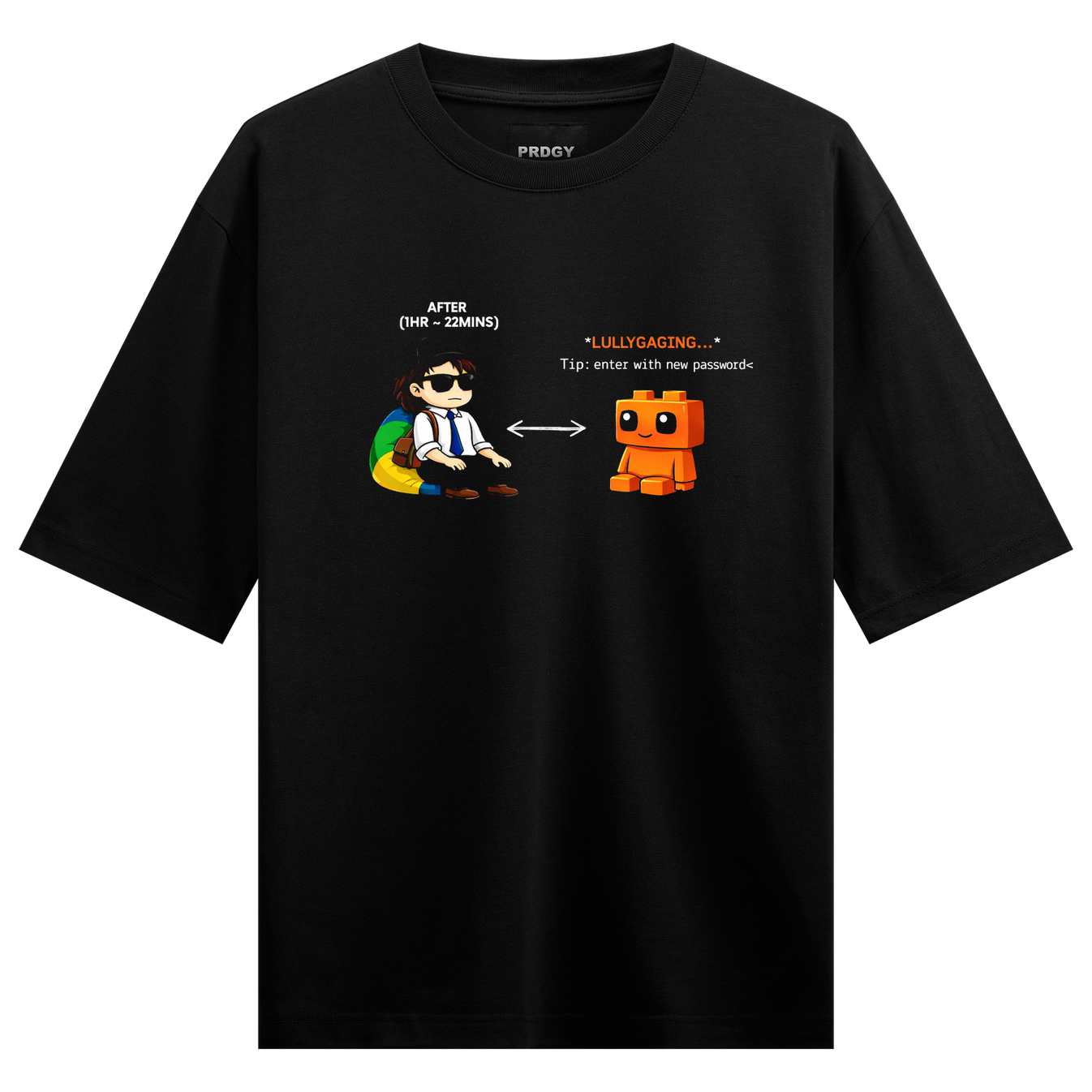 Work Transfer Oversized T-Shirt by PRDGY — pixel art hacker character and orange robot, cyberpunk design