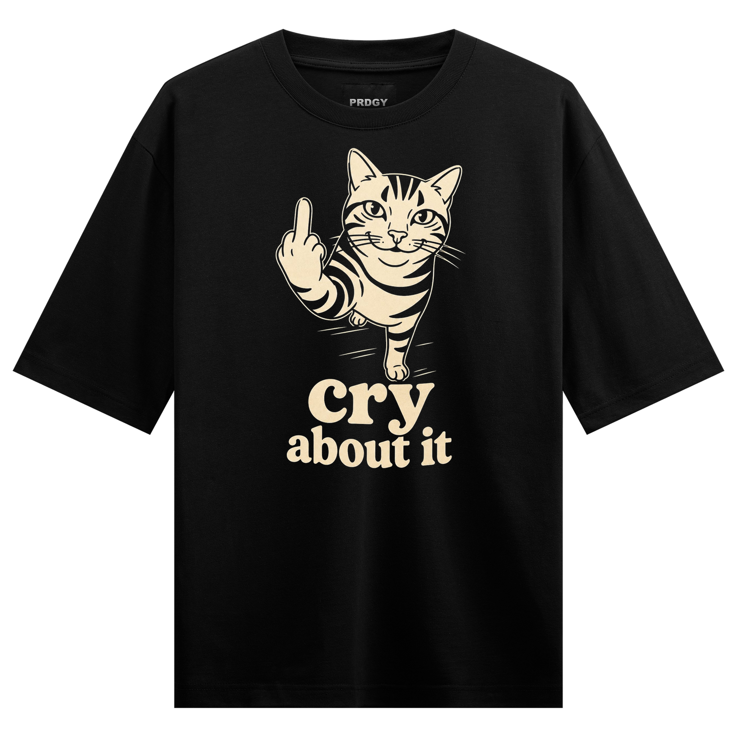 Wrong Cat T-Shirt by PRDGY — smiling cat making middle finger gesture with bold typography, sarcasm design
