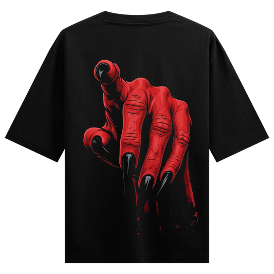 Yes You Oversized T-Shirt by PRDGY — a red clawed hand reaching out on a black background, dark design