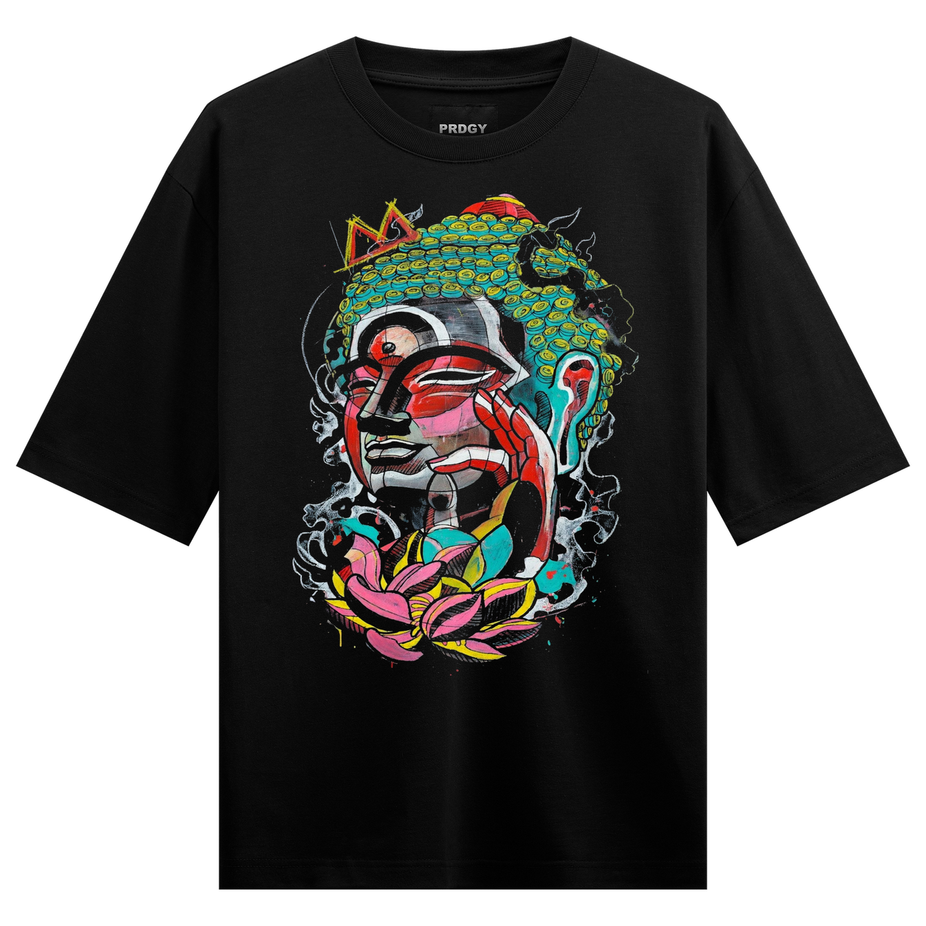 Colorful Mind T-Shirt by PRDGY — Black oversized t shirt with vibrant abstract designs, streetwear design.
