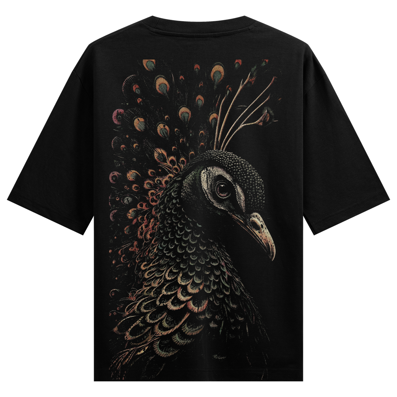 Peacock Portrait Oversized T-Shirt by PRDGY — detailed illustration of a peacock with intricate feather patterns, dark design