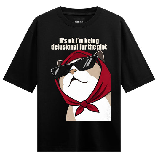 Plot Cat Oversized T-Shirt — a cartoon cat with white face, brown ears, red bandana, black sunglasses, and a mustache