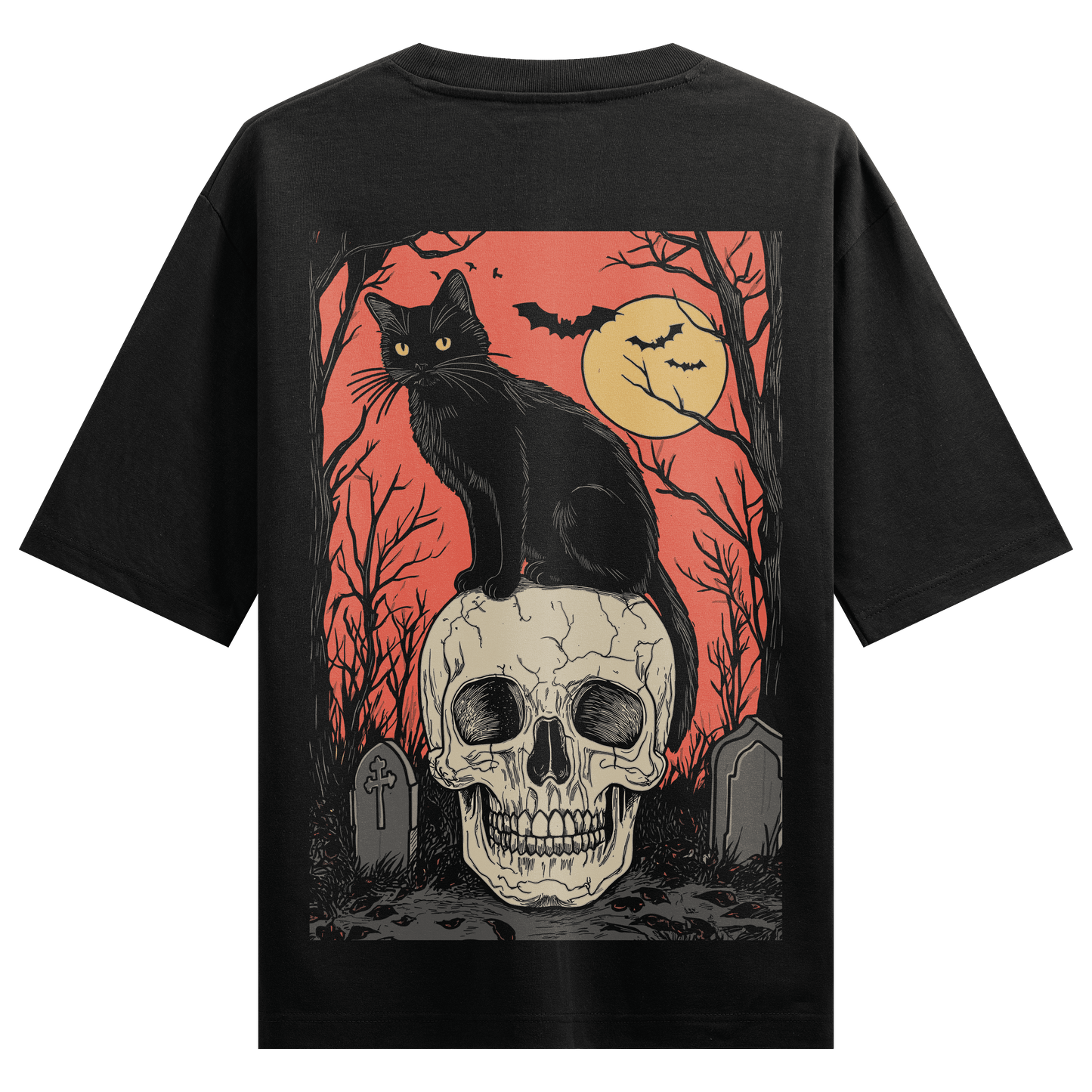 PRDGY Skeleton Cat Back Print Oversized T-Shirt