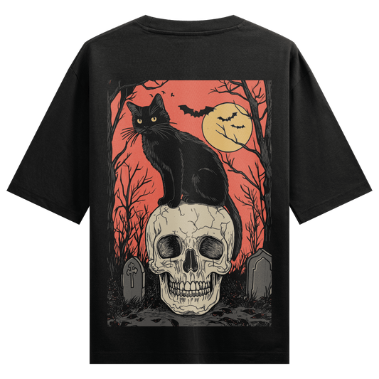 PRDGY Skeleton Cat Back Print Oversized T-Shirt