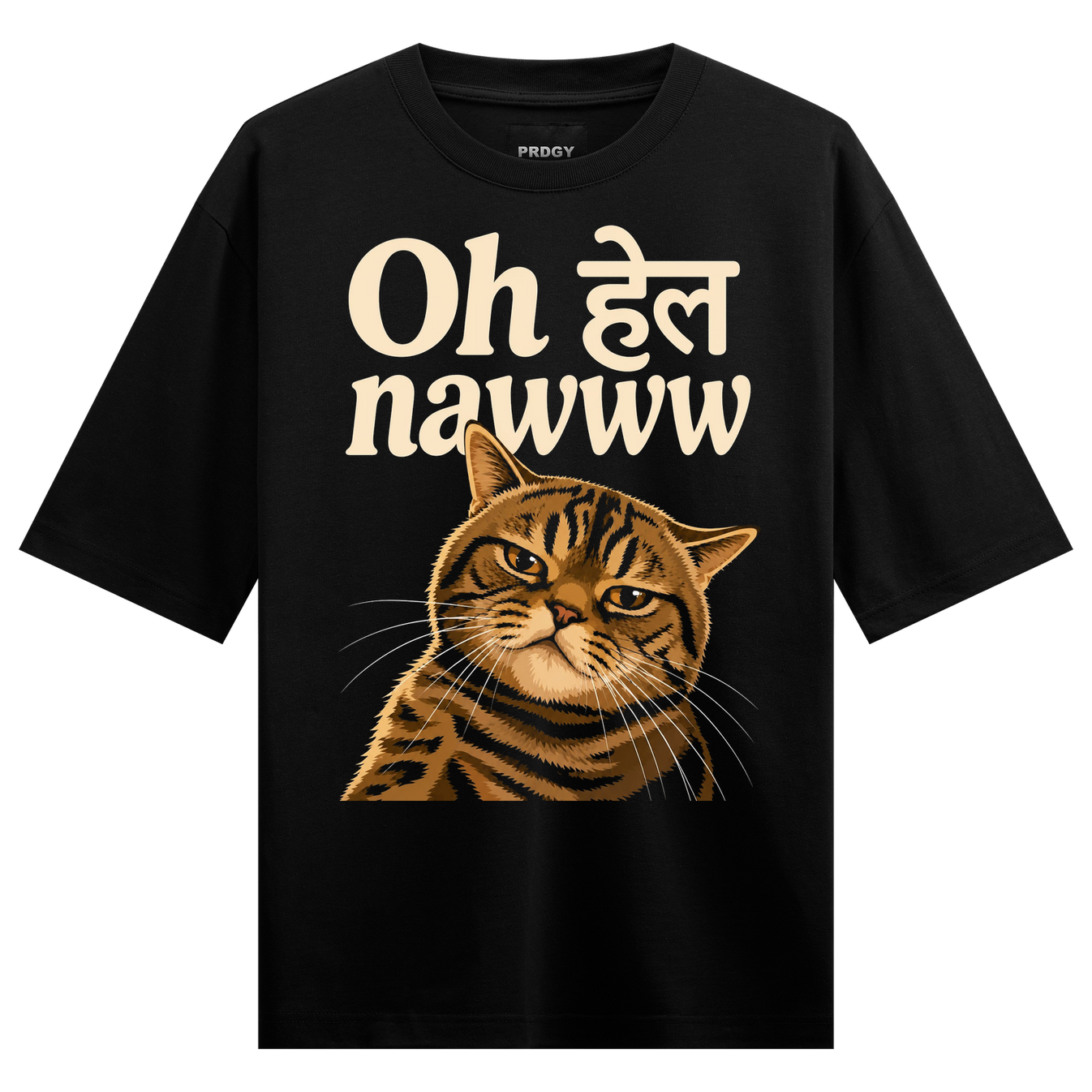 Hard Pass T-Shirt by PRDGY — grumpy cat with Hindi text, desi design
