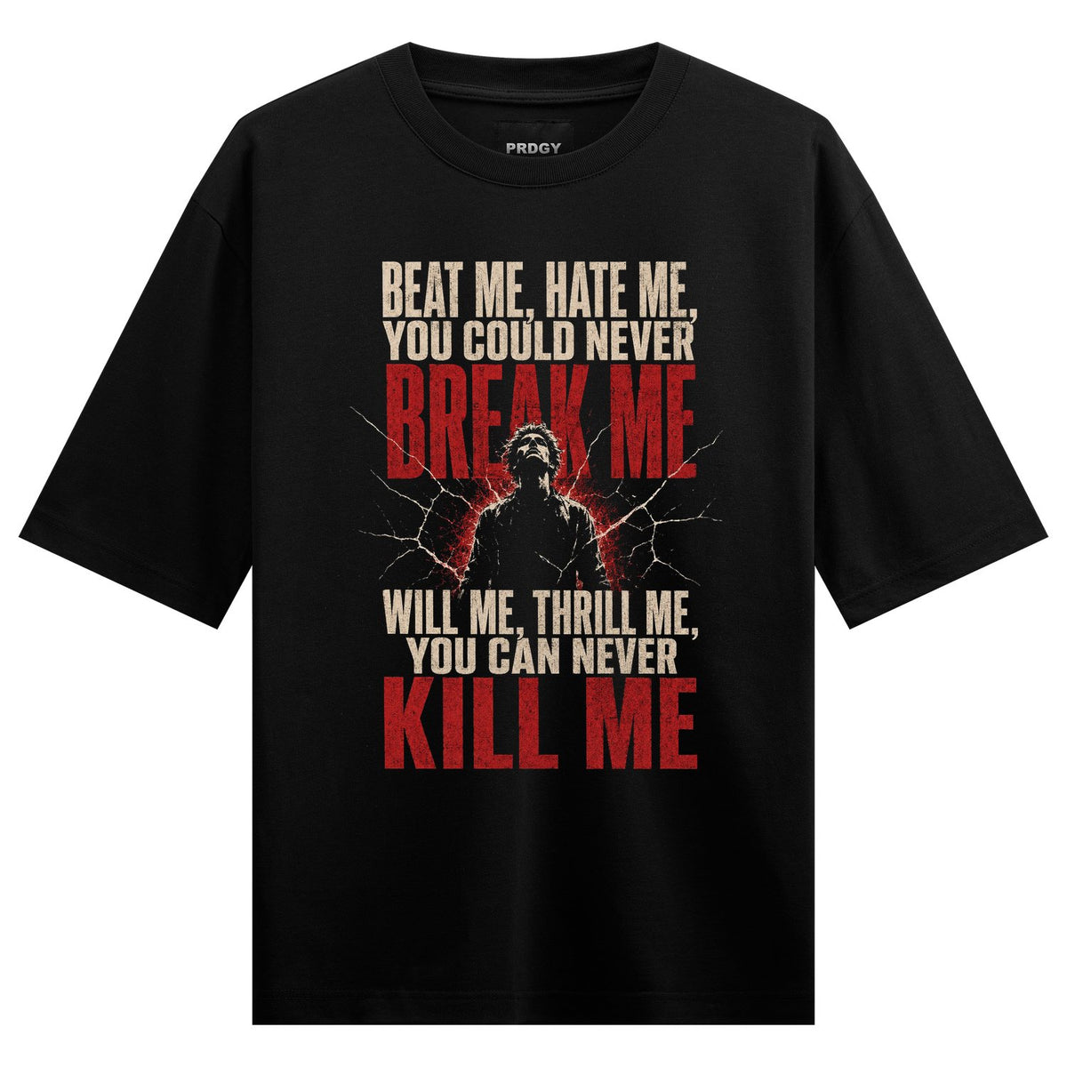 A black t-shirt features white and red text overlaying a dark cracked background with a silhouetted figure looking upwards...