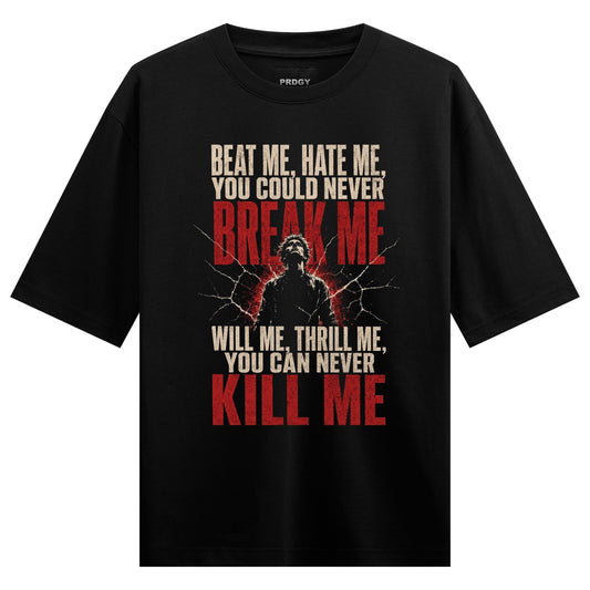 A black t-shirt features white and red text overlaying a dark cracked background with a silhouetted figure looking upwards...