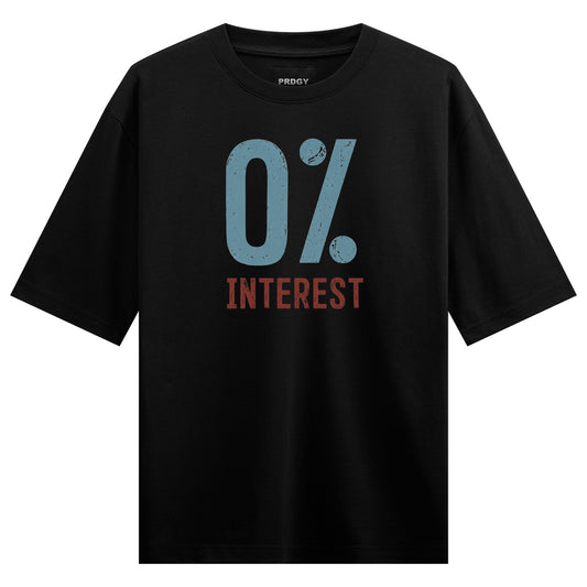 A black t-shirt features large blue 0 text above smaller red INTEREST text with a small PRDGY logo at the neckline on PRDG...