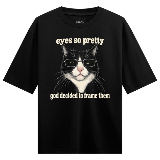 Pretty but Punished Oversized T-Shirt by PRDGY — humorous cat illustration with glasses, humour design