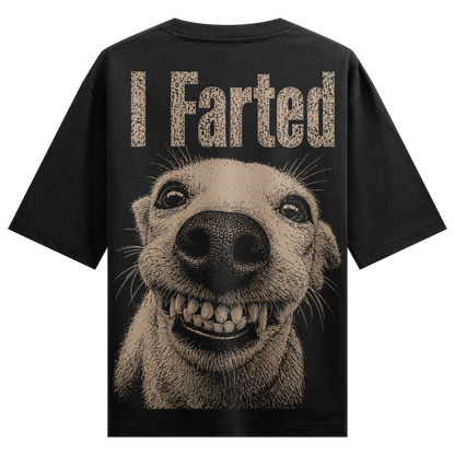 Fart Back Oversized T-Shirt by PRDGY — smiling dog with exaggerated teeth and intense eyes, humorous design