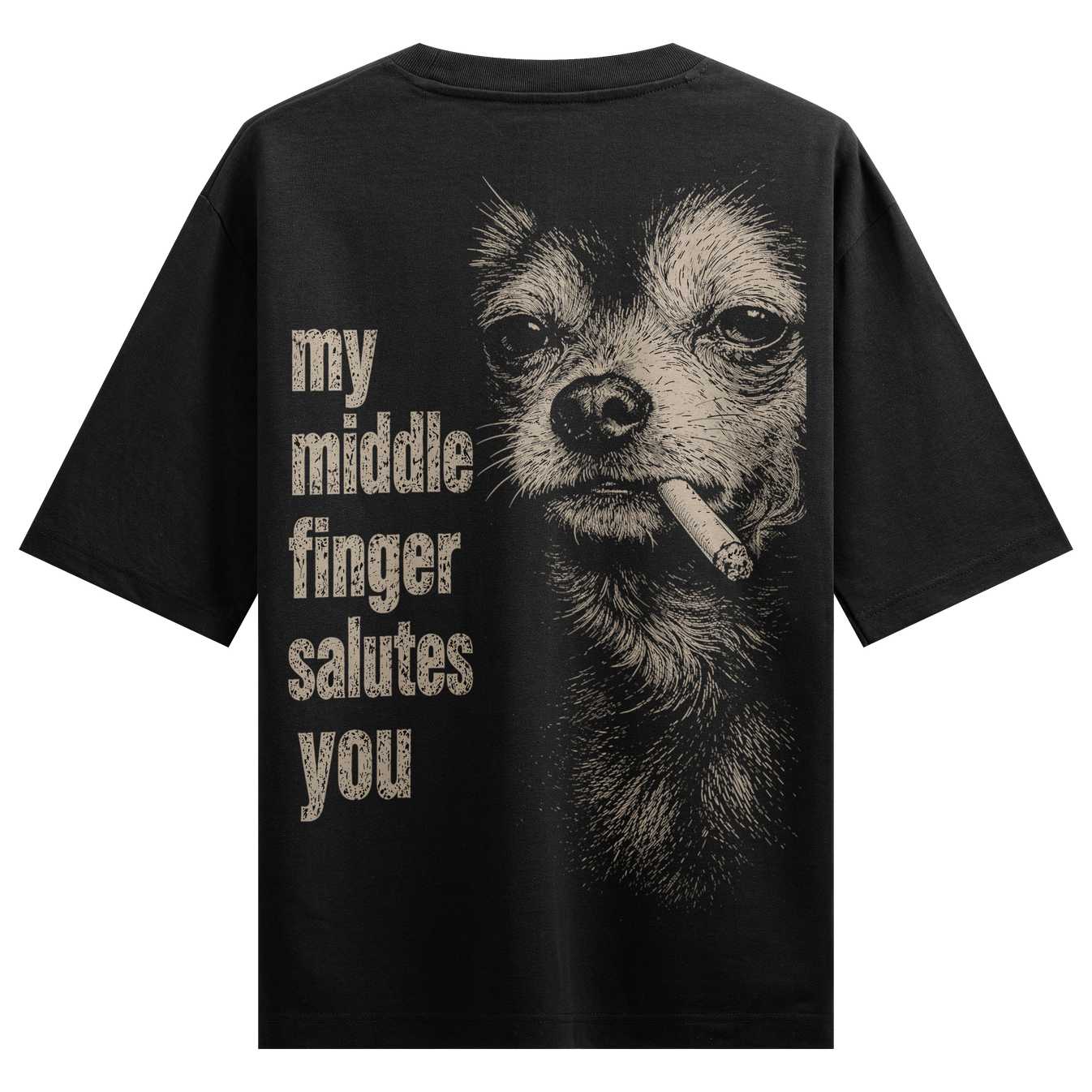 Salutation Oversized T-Shirt by PRDGY — detailed chihuahua portrait smoking a cigarette, animal design