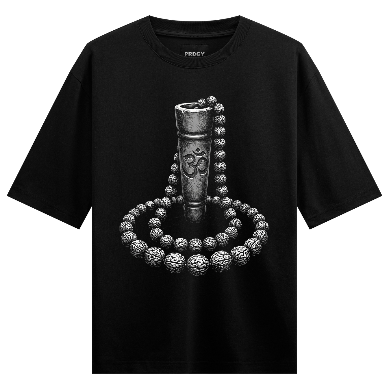 Sacred Beads Oversized T-Shirt by PRDGY — striking design of prayer bead mala and Om symbol, spiritual design