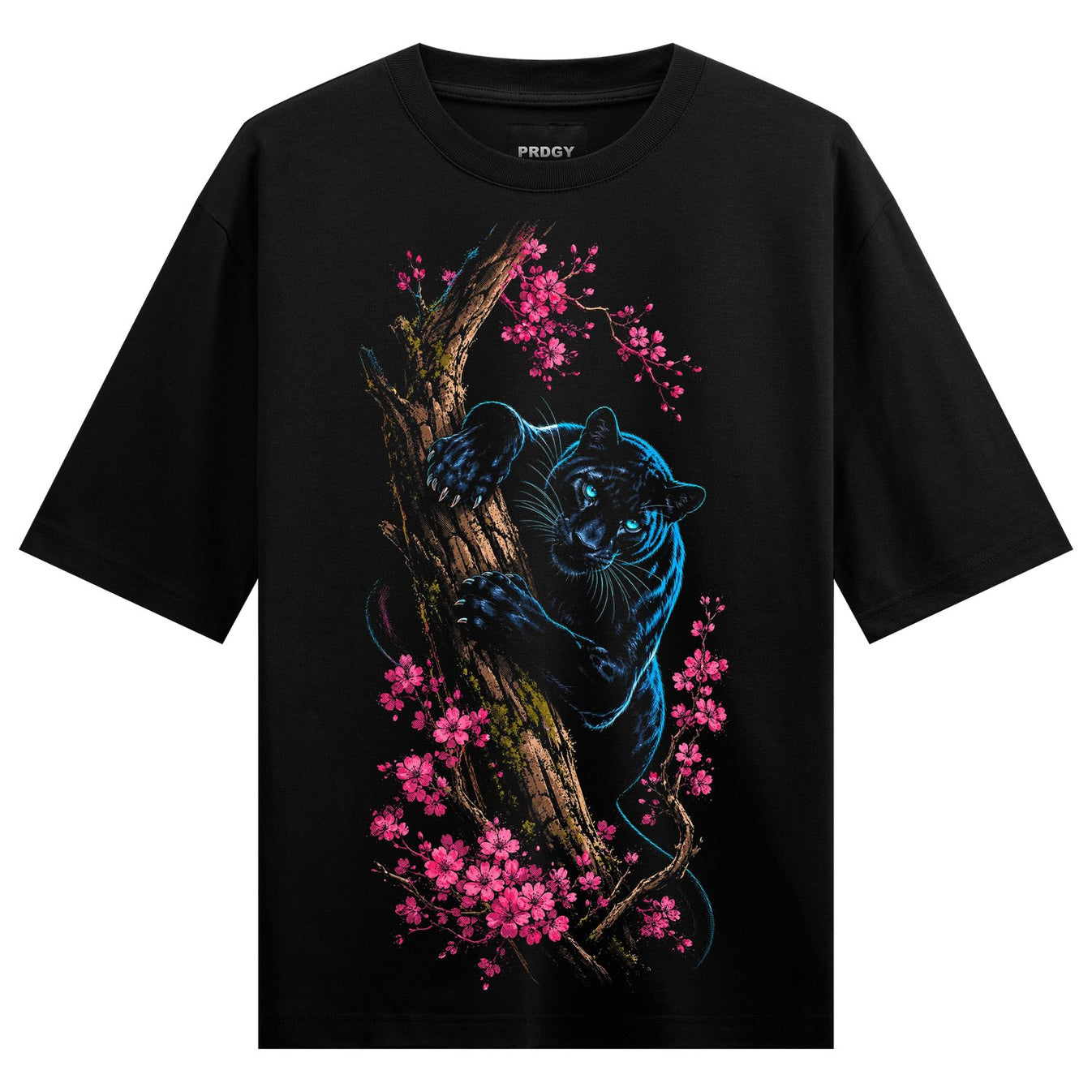 A black panther with glowing blue eyes climbs a textured tree branch surrounded by pink cherry blossoms on a black t-shirt...