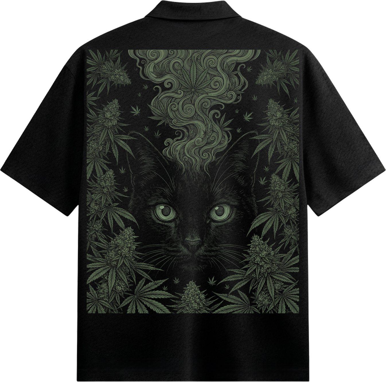 Stoned Kitty Shirt by PRDGY — black cat with cannabis plants and smoke, cannabis design