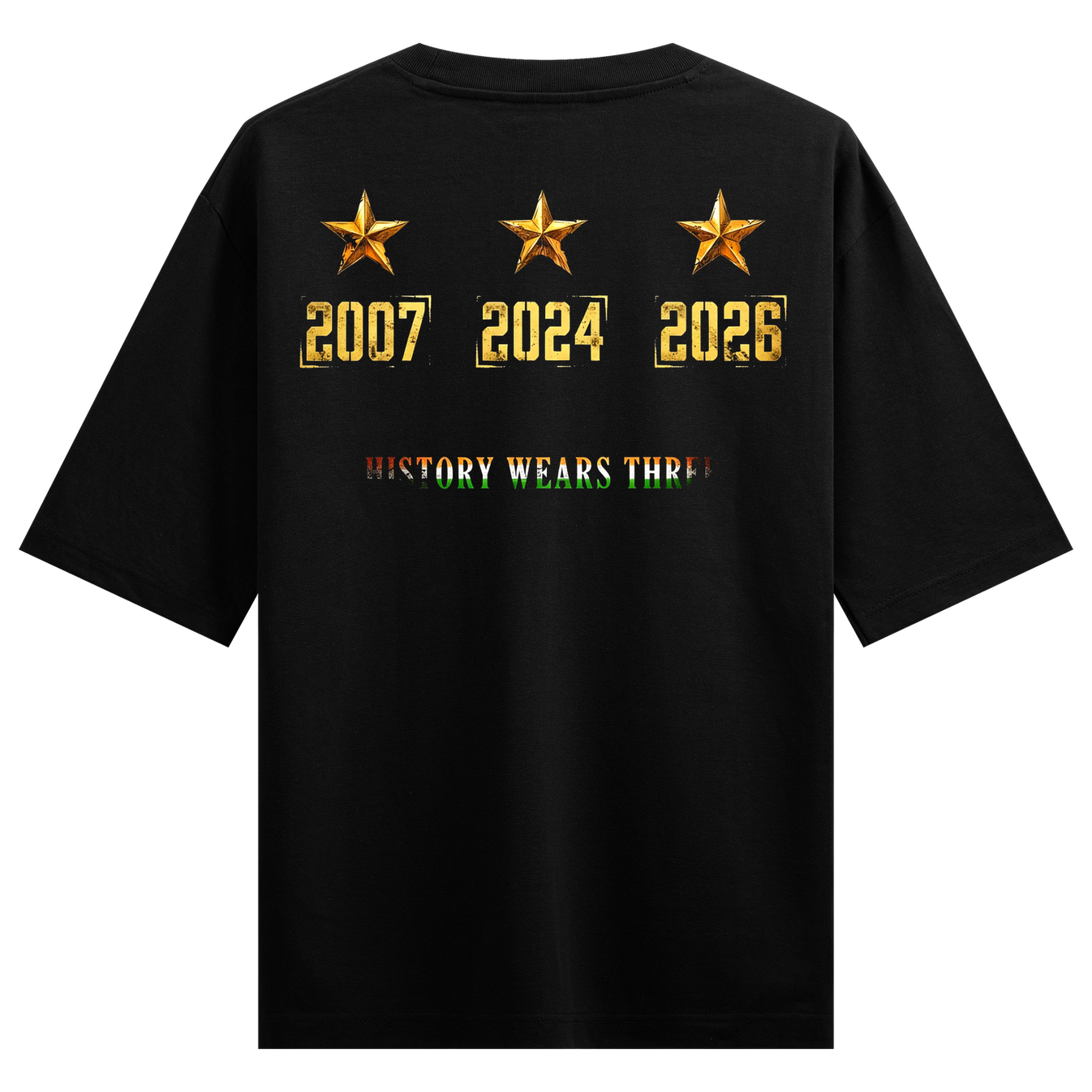 Tricolor Glory Oversized T-Shirt by PRDGY — features three stars symbolizing cricket history, cricket design