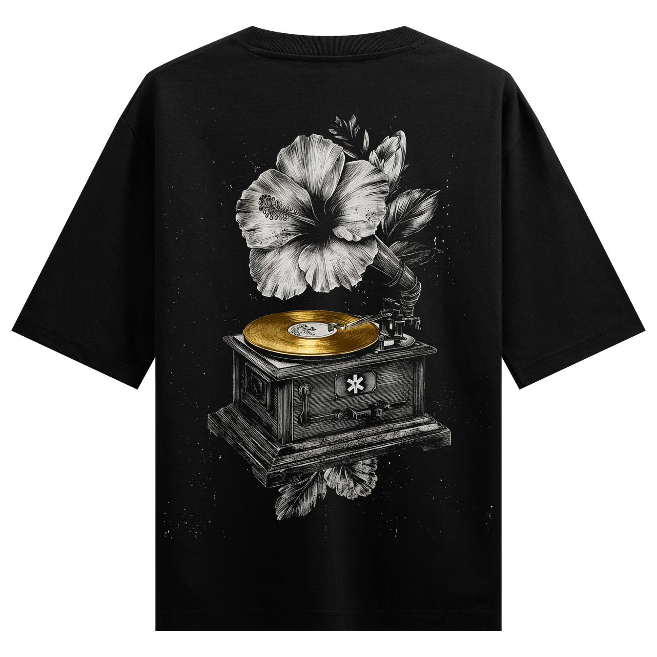 Vinyl Blossom Oversized T-Shirt by PRDGY — vintage phonograph with golden record and hibiscus flower, floral design