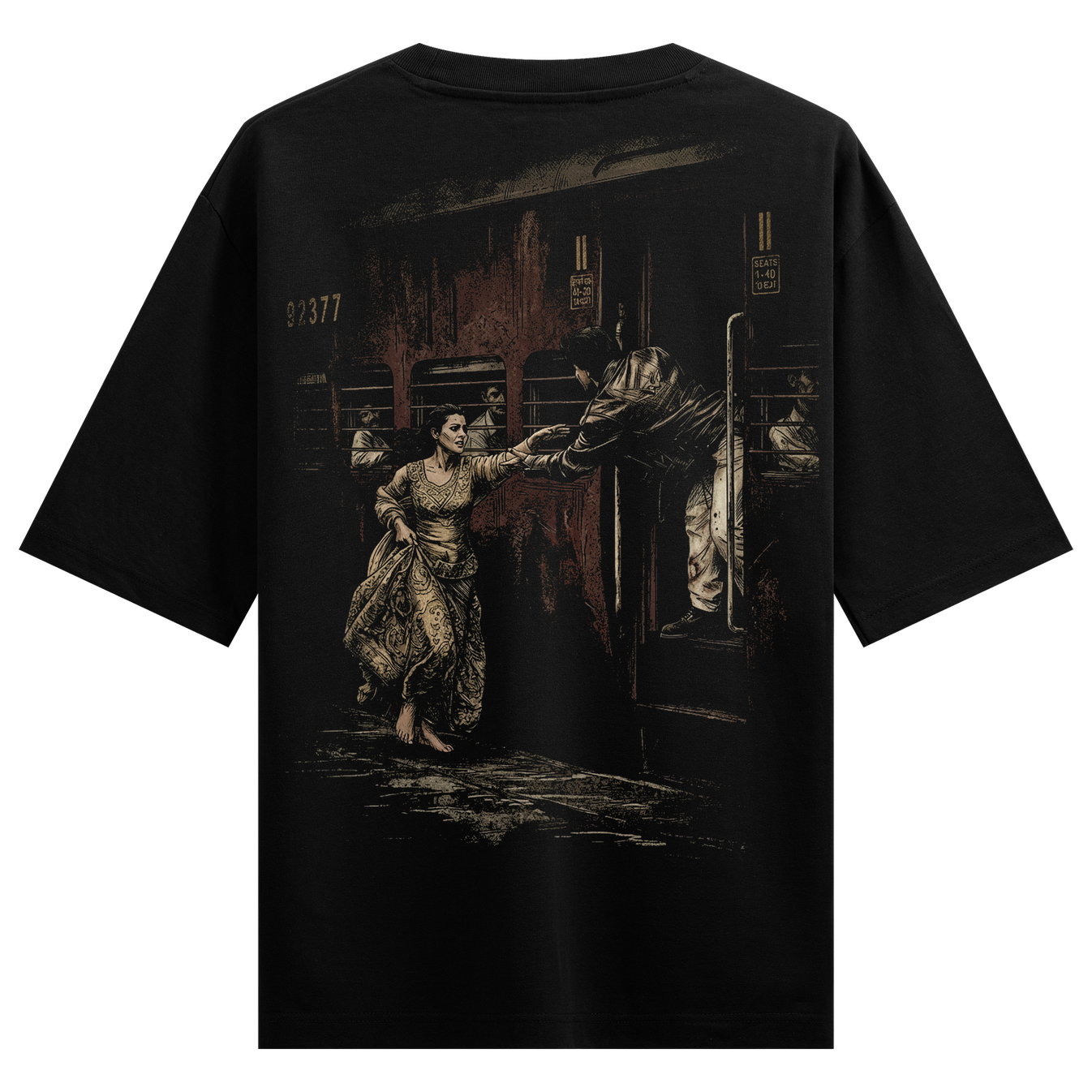 Won’t Let You Go Oversized T-Shirt by PRDGY — vintage-style design featuring a dramatic encounter at a train station,