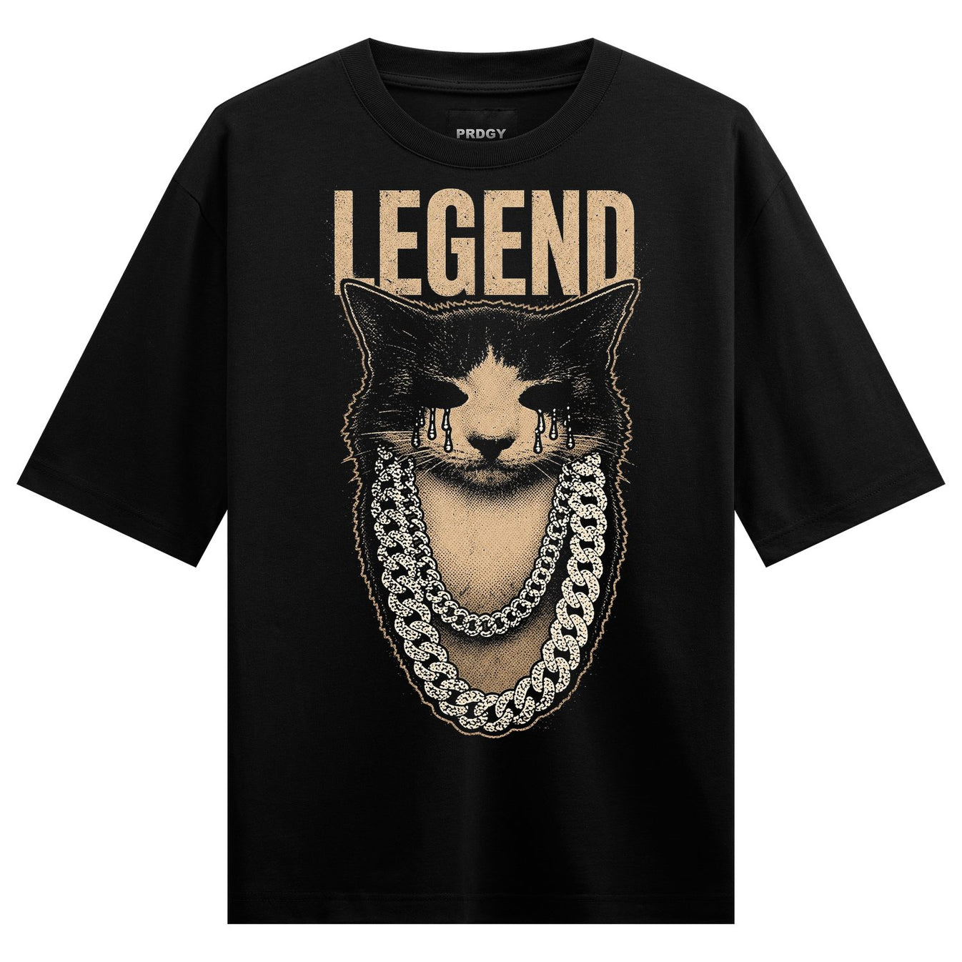 A black and white cat face with golden tears and a thick gold chain set against a cream background with the word LEGEND ab...
