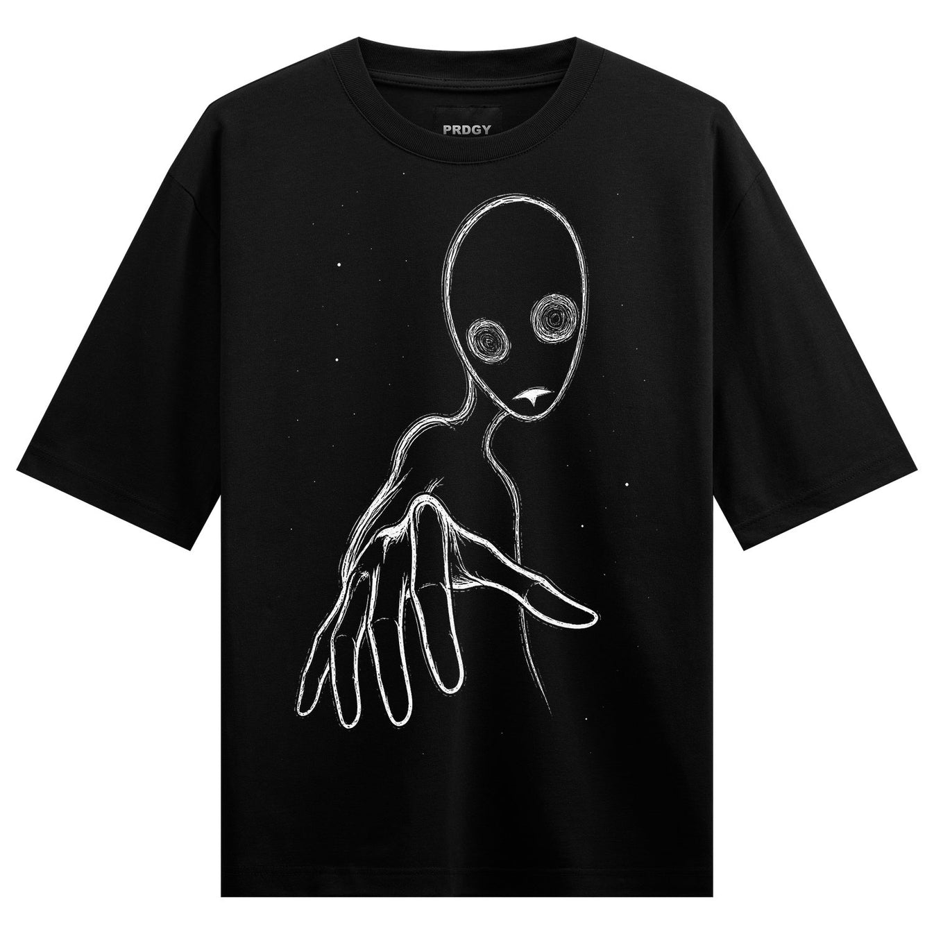 A black t-shirt features a white line drawing of a slender alien with large circular eyes and an outstretched hand against...