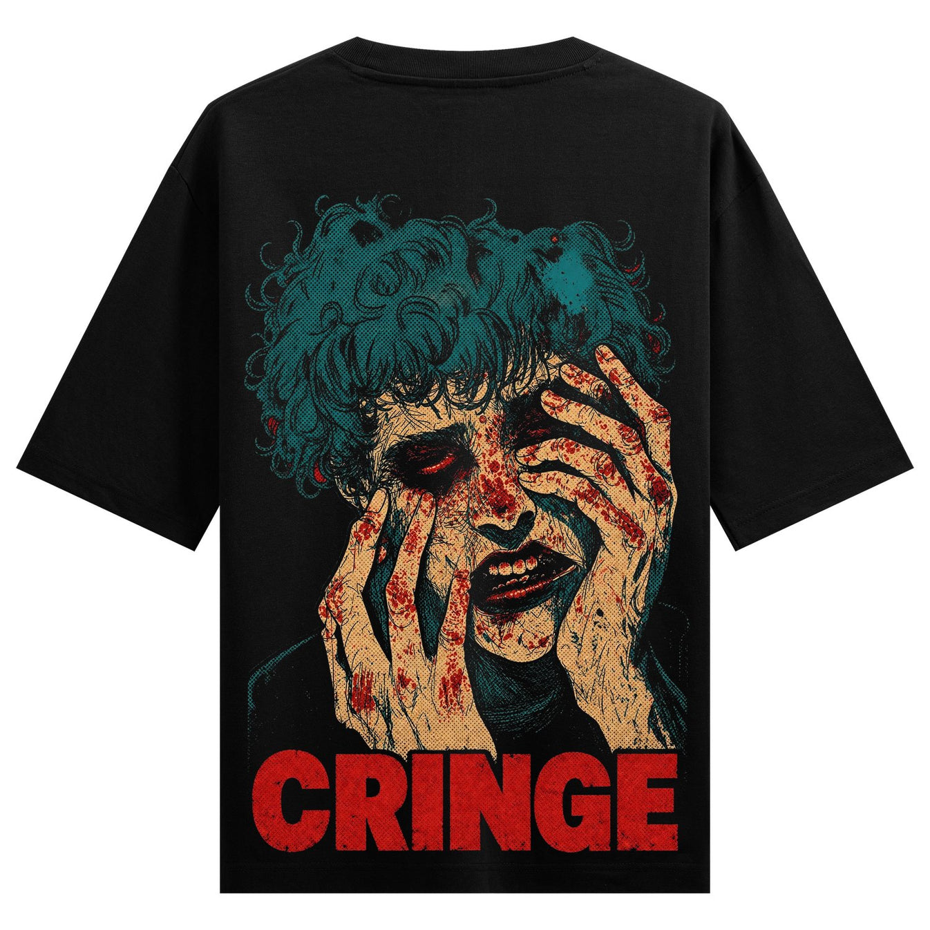 A distressed face with blue curly hair red eyes and blood splatters on the face and hands with the word CRINGE below on PR...