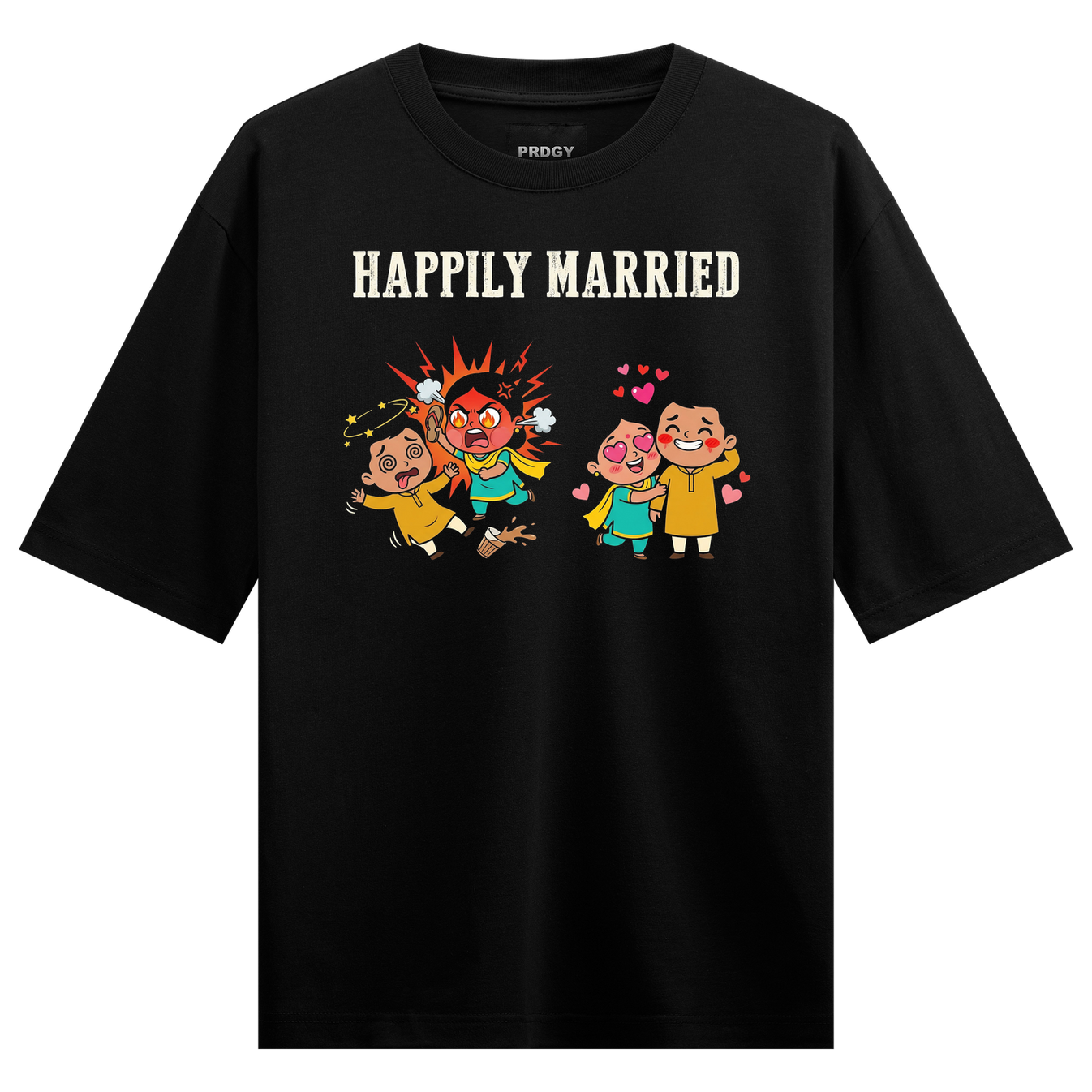 Happily Married Oversized T-Shirt by PRDGY — humorous graphic depicting chaotic family vibes, funny design