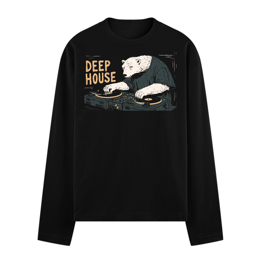 A black t-shirt features a graphic of a polar bear wearing a dark green t-shirt DJing on two turntables with yellow record...